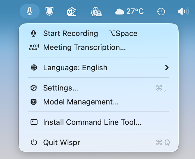 Menu bar interface with recording and meeting transcription