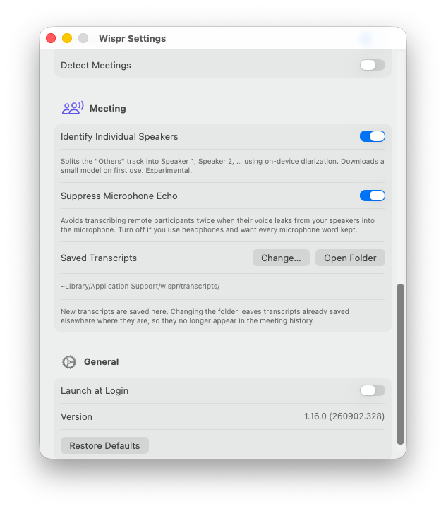 Meeting settings for speaker identification, echo suppression, and transcript folder